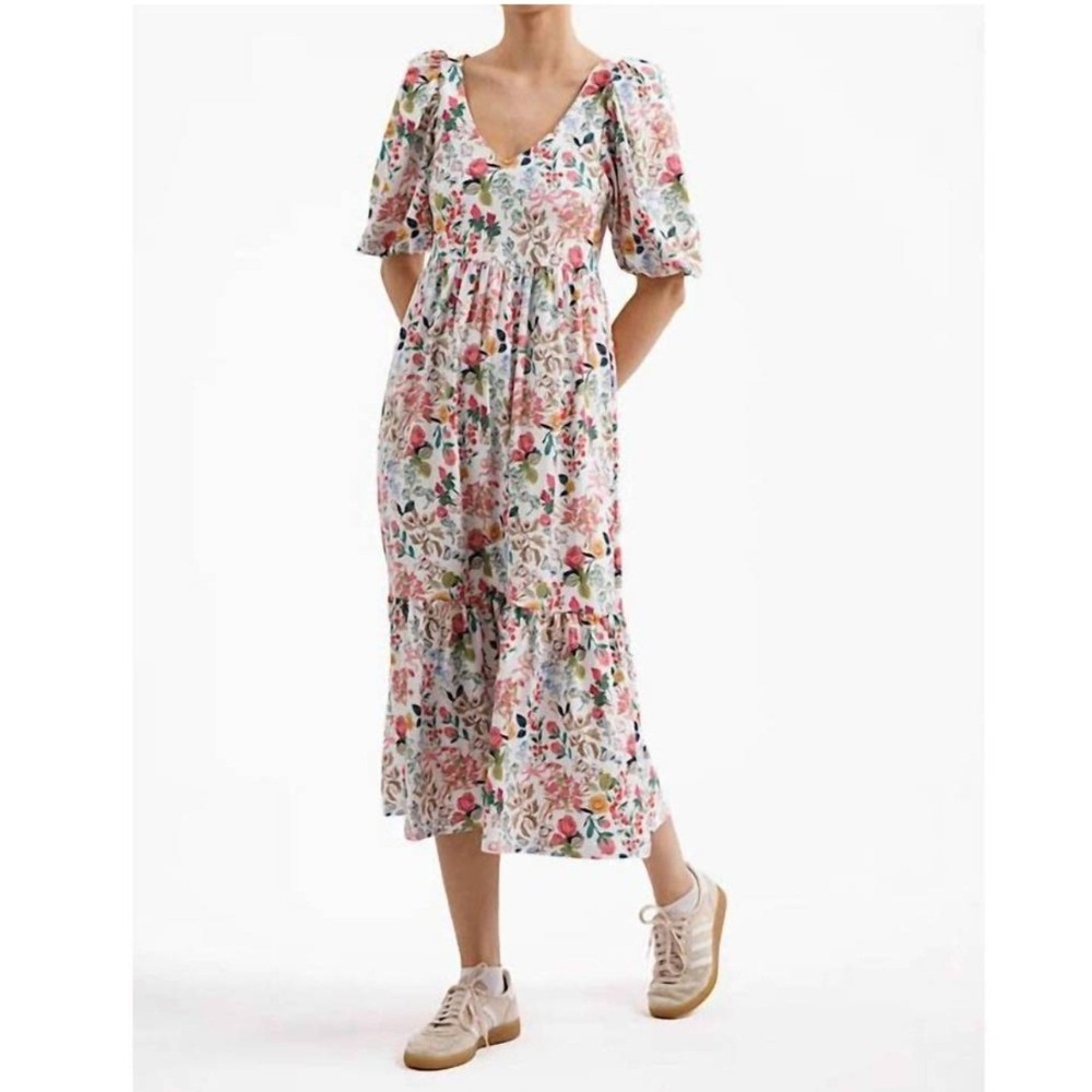 Smith & Quinn Woods Dress Flower Cart Floral Puff Sleeve Midi Pink Small NEW